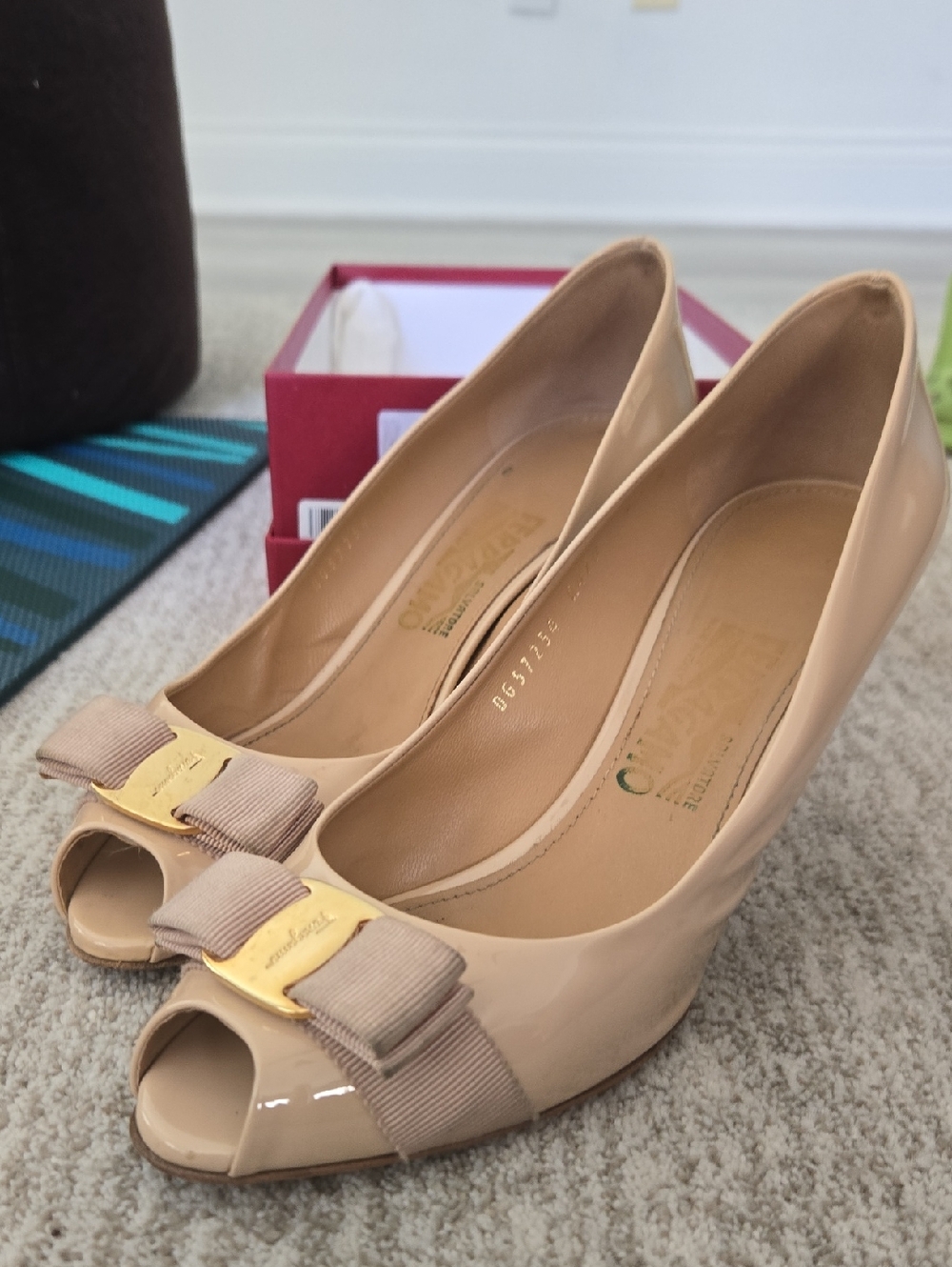 Salvatore Ferragamo Nude Patent Peep-Toe Wedges with Grosgrain Bow